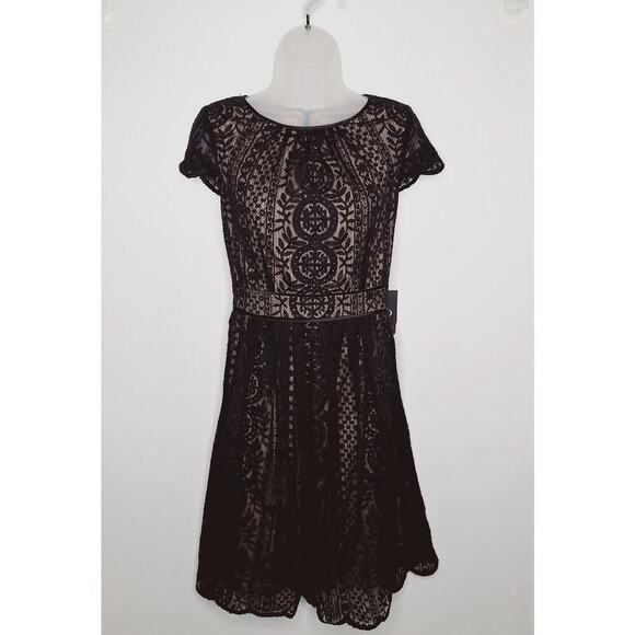 Adrianna Papell Pleat Stripe Filagree Dress Lace Overlay Fit Flare Cap Sleeve 10 - Picture 14 of 14